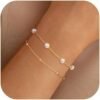 Gold Plated Pearl Bracelets for Women,Dainty Bracelets Stack Pearls Beaded Link Chain Charm Bracelets Set Layered Non Tarnish Tiny Jewelry for Women
