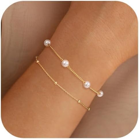 Gold Plated Pearl Bracelets for Women,Dainty Bracelets Stack Pearls Beaded Link Chain Charm Bracelets Set Layered Non Tarnish Tiny Jewelry for Women