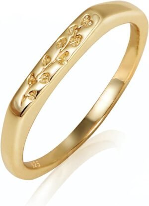 Gold Plated Signet Rings for Women Non Tarnish 925 Sterling Silver Dainty Stackable Gold Ring, Waterproof Engraved Flower Thin Band Unique Everyday Jewelry Gift