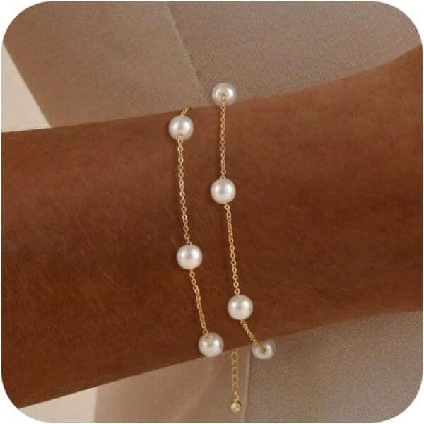 Gold Plated Pearl Bracelets for Women,Dainty Bracelets Stack Pearls Beaded Link Chain Charm Bracelets Set Layered Non Tarnish Tiny Jewelry for Women