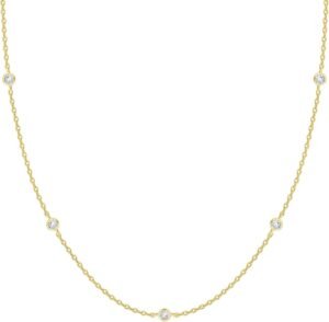 Gold Plated Station Necklace - Simulated Diamond Layering Necklaces - Womens CZ Chain