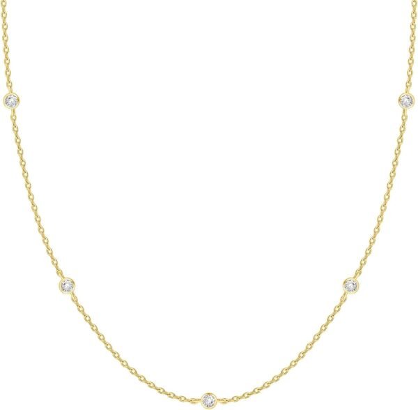 Gold Plated Station Necklace - Simulated Diamond Layering Necklaces - Womens CZ Chain