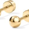 Gold Plated Solid 925 Sterling Silver Posts Dainty Ball Stud Flatback Earrings for Women - Cartilage Helix Piercing Jewelry - Small Screwbacks Stud Earrings for Women