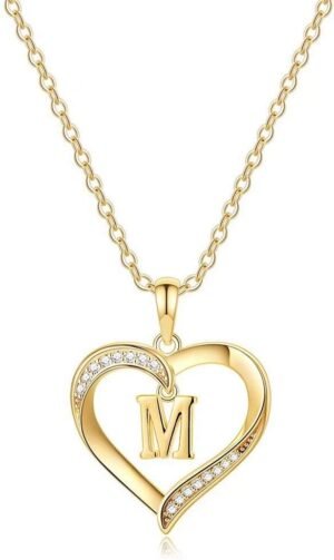Heart Initial Necklace for Women,   Gold Plated Cubic Zirconia Heart Pendant Necklace, Dainty Initial Charm Necklace Letter A to Z Initial Jewelry for Women Girls
