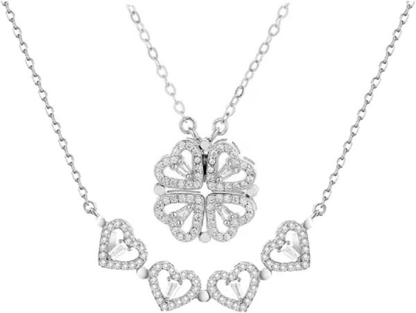 Sterling Silver Heart Shaped and Four Leaf Clover Convertible Pendant Necklace Crystals Jewelry for Women