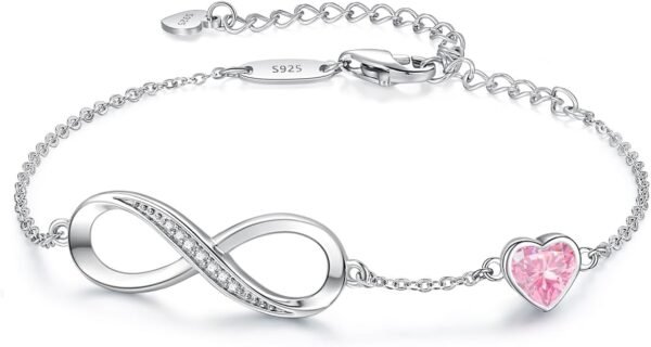 Infinity Heart Birthstone Charm Link Bracelet for Women 925 Sterling Silver Adjustable Mother's Day Christmas Day Gift Anniversary Birthday Jewelry for Wife Girlfriend Her