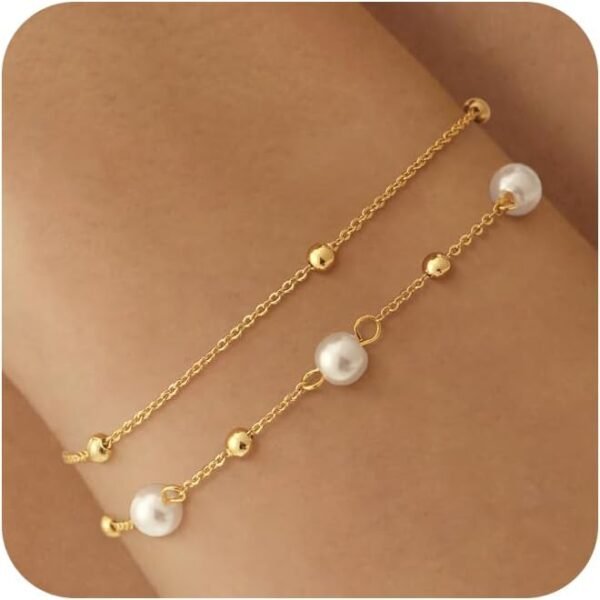 Gold Plated Pearl Bracelets for Women,Dainty Bracelets Stack Pearls Beaded Link Chain Charm Bracelets Set Layered Non Tarnish Tiny Jewelry for Women