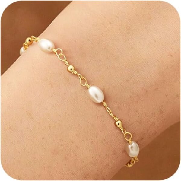 Gold Plated Pearl Bracelets for Women,Dainty Bracelets Stack Pearls Beaded Link Chain Charm Bracelets Set Layered Non Tarnish Tiny Jewelry for Women