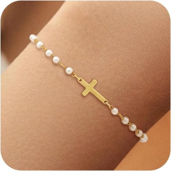 Gold Plated Pearl Bracelets for Women,Dainty Bracelets Stack Pearls Beaded Link Chain Charm Bracelets Set Layered Non Tarnish Tiny Jewelry for Women