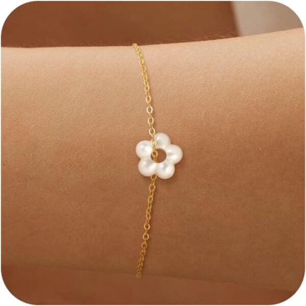 Gold Plated Pearl Bracelets for Women,Dainty Bracelets Stack Pearls Beaded Link Chain Charm Bracelets Set Layered Non Tarnish Tiny Jewelry for Women