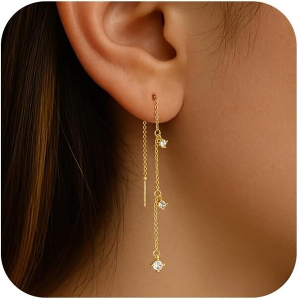 Gold Earrings for Women, Dainty   Gold Plated Dangle Earrings for Women Trendy Long Dangle Drop Chain Earring for Sensitive Ears Cute Hypoallergenic Threader Earring Non Tarnish Jewelry Gifts
