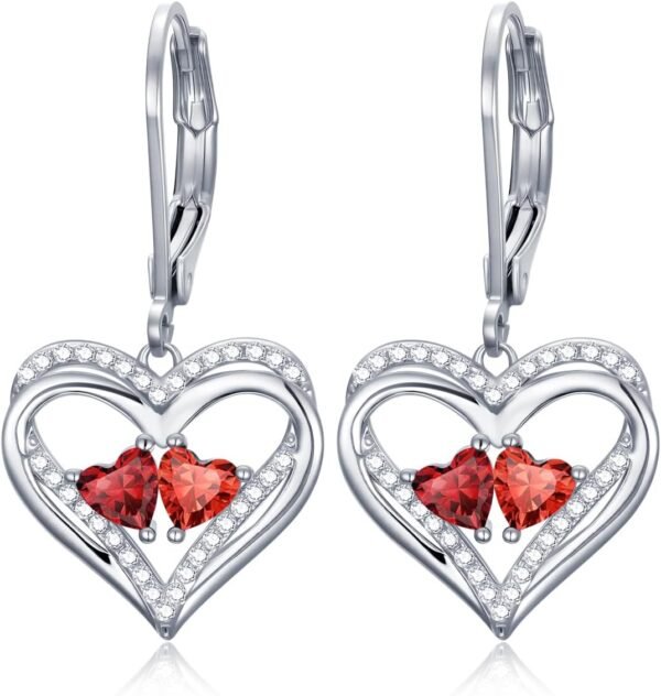 Heart Leverback Earrings Double Birthstone Dangle Earrings for Women, Love Jewelry for Her, Christmas Gifts for Women, Anniversary Birthday Gift for Mom Wife Girlfriend