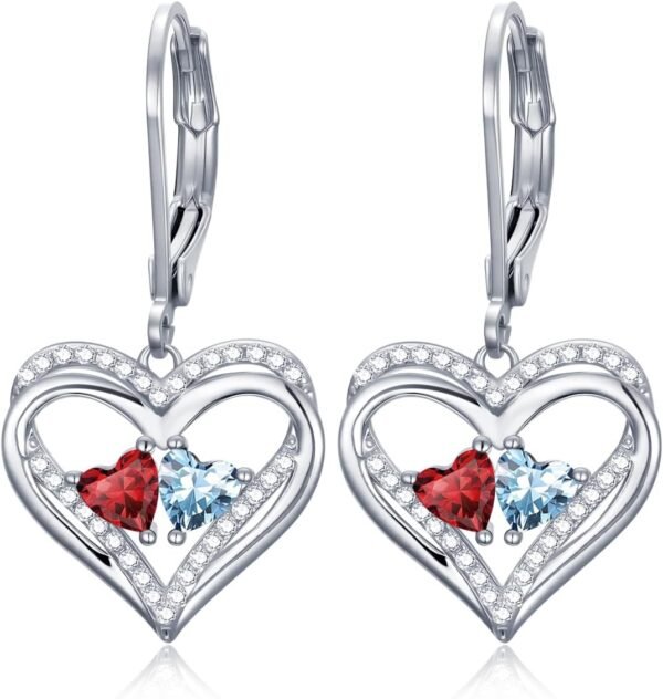 Heart Leverback Earrings Double Birthstone Dangle Earrings for Women, Love Jewelry for Her, Christmas Gifts for Women, Anniversary Birthday Gift for Mom Wife Girlfriend