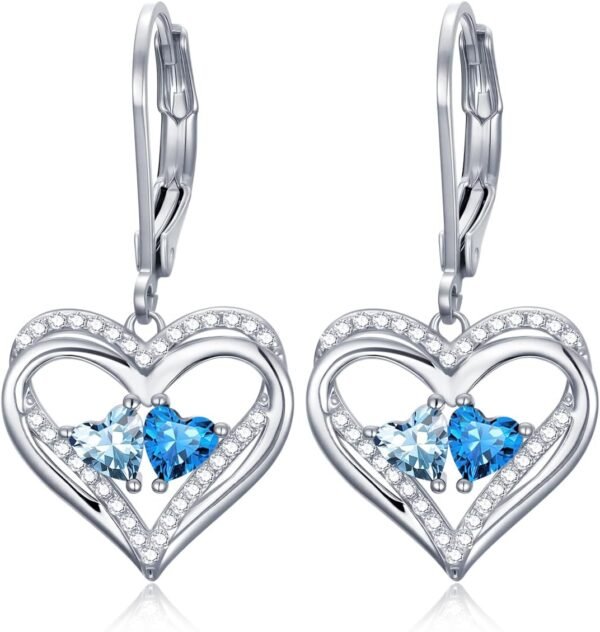 Heart Leverback Earrings Double Birthstone Dangle Earrings for Women, Love Jewelry for Her, Christmas Gifts for Women, Anniversary Birthday Gift for Mom Wife Girlfriend