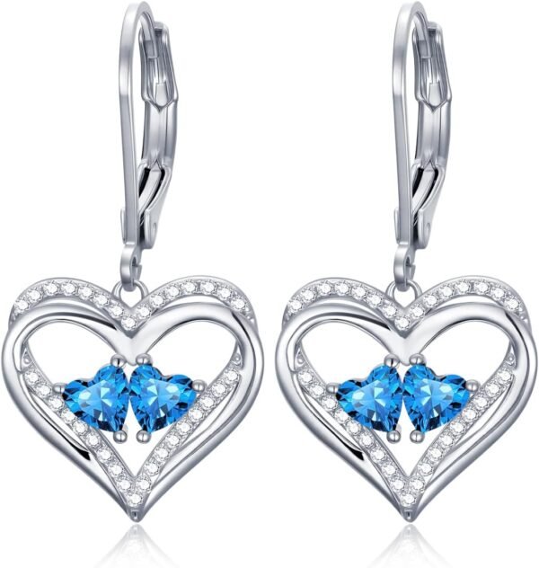 Heart Leverback Earrings Double Birthstone Dangle Earrings for Women, Love Jewelry for Her, Christmas Gifts for Women, Anniversary Birthday Gift for Mom Wife Girlfriend