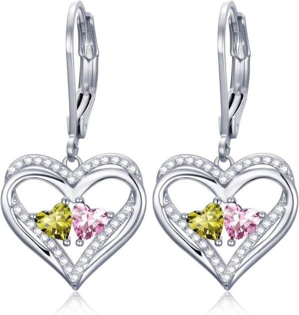 Heart Leverback Earrings Double Birthstone Dangle Earrings for Women, Love Jewelry for Her, Christmas Gifts for Women, Anniversary Birthday Gift for Mom Wife Girlfriend