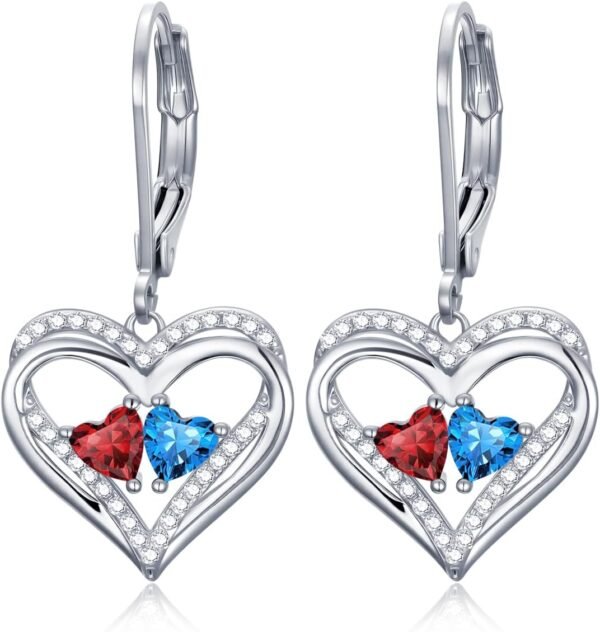 Heart Leverback Earrings Double Birthstone Dangle Earrings for Women, Love Jewelry for Her, Christmas Gifts for Women, Anniversary Birthday Gift for Mom Wife Girlfriend