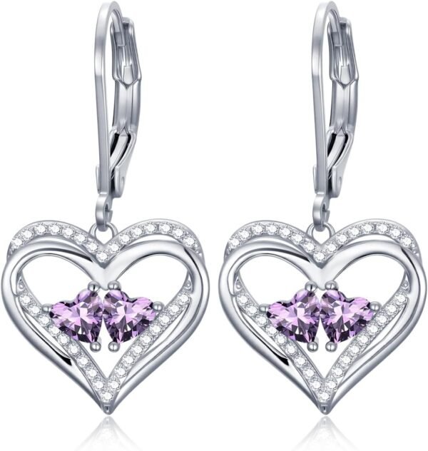 Heart Leverback Earrings Double Birthstone Dangle Earrings for Women, Love Jewelry for Her, Christmas Gifts for Women, Anniversary Birthday Gift for Mom Wife Girlfriend