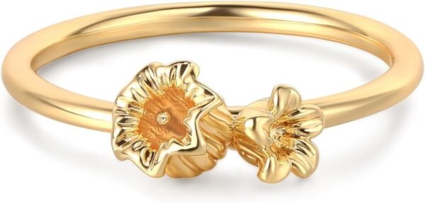 Birth Flower Ring for Women   Gold Plated Floral Minimalist Stackable Finger Jewelry Birthday Gifts