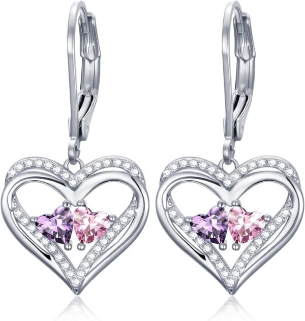 Heart Leverback Earrings Double Birthstone Dangle Earrings for Women, Love Jewelry for Her, Christmas Gifts for Women, Anniversary Birthday Gift for Mom Wife Girlfriend