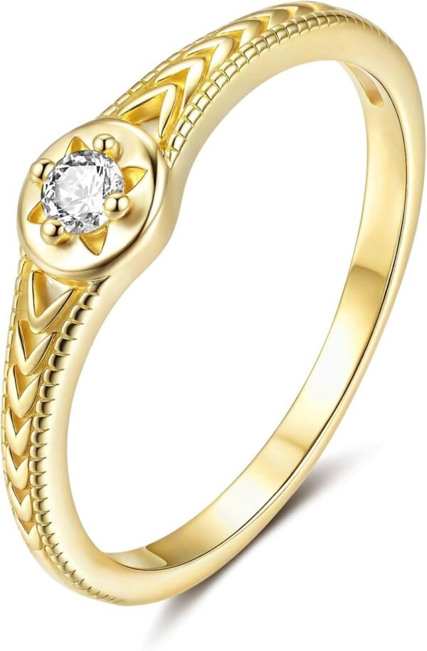 Gold Plated Signet Rings for Women Non Tarnish 925 Sterling Silver Dainty Stackable Gold Ring, Waterproof Engraved Flower Thin Band Unique Everyday Jewelry Gift