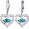 Heart Leverback Earrings Double Birthstone Dangle Earrings for Women, Love Jewelry for Her, Christmas Gifts for Women, Anniversary Birthday Gift for Mom Wife Girlfriend