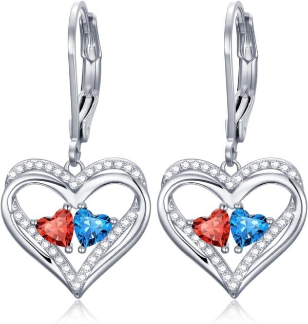Heart Leverback Earrings Double Birthstone Dangle Earrings for Women, Love Jewelry for Her, Christmas Gifts for Women, Anniversary Birthday Gift for Mom Wife Girlfriend