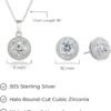 Womens Sterling Silver Cubic Zirconia Halo Pendant Necklace and Stud Earrings Jewelry Set