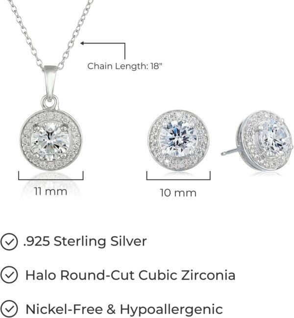 Womens Sterling Silver Cubic Zirconia Halo Pendant Necklace and Stud Earrings Jewelry Set