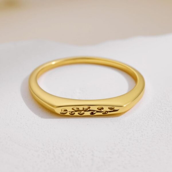 Gold Plated Signet Rings for Women Non Tarnish 925 Sterling Silver Dainty Stackable Gold Ring, Waterproof Engraved Flower Thin Band Unique Everyday Jewelry Gift