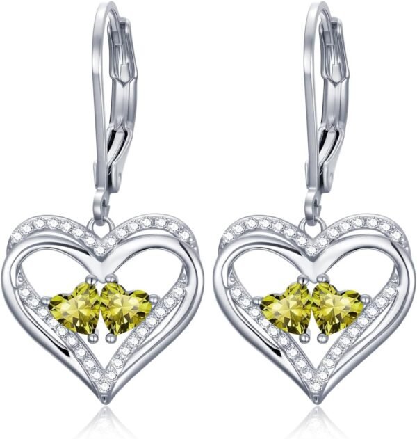 Heart Leverback Earrings Double Birthstone Dangle Earrings for Women, Love Jewelry for Her, Christmas Gifts for Women, Anniversary Birthday Gift for Mom Wife Girlfriend