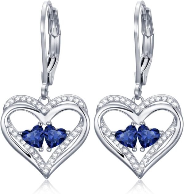 Heart Leverback Earrings Double Birthstone Dangle Earrings for Women, Love Jewelry for Her, Christmas Gifts for Women, Anniversary Birthday Gift for Mom Wife Girlfriend