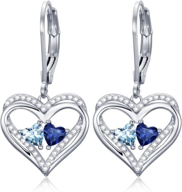 Heart Leverback Earrings Double Birthstone Dangle Earrings for Women, Love Jewelry for Her, Christmas Gifts for Women, Anniversary Birthday Gift for Mom Wife Girlfriend