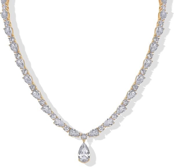 Gold Plated Pear Tennis Necklaces for Women - Cubic Zirconia Tennis Necklace with Drop for Brides & Bridesmaids - Cute Simulated Diamond Chain Trendy Wedding Jewelry