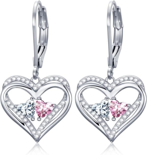 Heart Leverback Earrings Double Birthstone Dangle Earrings for Women, Love Jewelry for Her, Christmas Gifts for Women, Anniversary Birthday Gift for Mom Wife Girlfriend