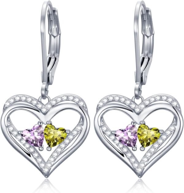 Heart Leverback Earrings Double Birthstone Dangle Earrings for Women, Love Jewelry for Her, Christmas Gifts for Women, Anniversary Birthday Gift for Mom Wife Girlfriend