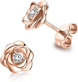 Gold Plated Sterling Silver Rose Flower Earring Studs, Hypoallergenic & Nickel Free Earrings for Women
