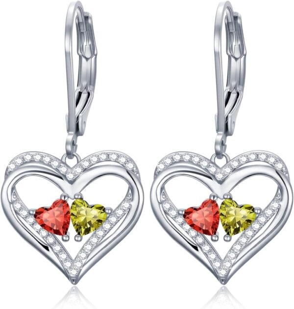 Heart Leverback Earrings Double Birthstone Dangle Earrings for Women, Love Jewelry for Her, Christmas Gifts for Women, Anniversary Birthday Gift for Mom Wife Girlfriend