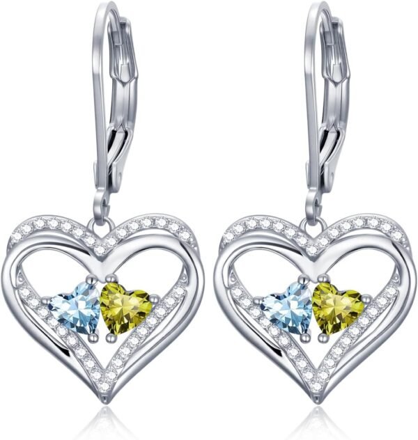 Heart Leverback Earrings Double Birthstone Dangle Earrings for Women, Love Jewelry for Her, Christmas Gifts for Women, Anniversary Birthday Gift for Mom Wife Girlfriend