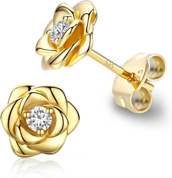 Gold Plated Sterling Silver Rose Flower Earring Studs, Hypoallergenic & Nickel Free Earrings for Women
