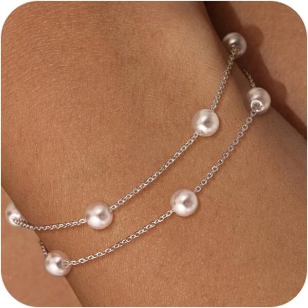 Gold Plated Pearl Bracelets for Women,Dainty Bracelets Stack Pearls Beaded Link Chain Charm Bracelets Set Layered Non Tarnish Tiny Jewelry for Women