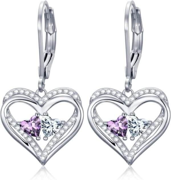 Heart Leverback Earrings Double Birthstone Dangle Earrings for Women, Love Jewelry for Her, Christmas Gifts for Women, Anniversary Birthday Gift for Mom Wife Girlfriend