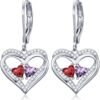 Heart Leverback Earrings Double Birthstone Dangle Earrings for Women, Love Jewelry for Her, Christmas Gifts for Women, Anniversary Birthday Gift for Mom Wife Girlfriend