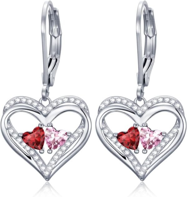 Heart Leverback Earrings Double Birthstone Dangle Earrings for Women, Love Jewelry for Her, Christmas Gifts for Women, Anniversary Birthday Gift for Mom Wife Girlfriend