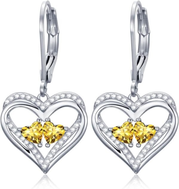 Heart Leverback Earrings Double Birthstone Dangle Earrings for Women, Love Jewelry for Her, Christmas Gifts for Women, Anniversary Birthday Gift for Mom Wife Girlfriend