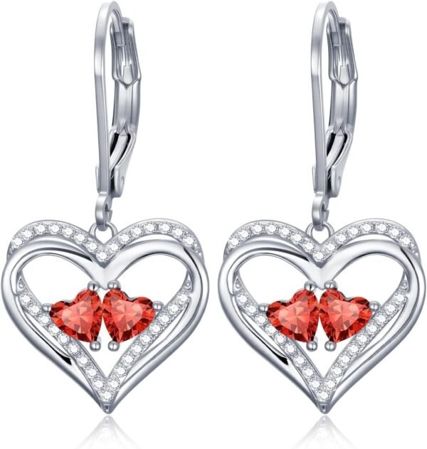 Heart Leverback Earrings Double Birthstone Dangle Earrings for Women, Love Jewelry for Her, Christmas Gifts for Women, Anniversary Birthday Gift for Mom Wife Girlfriend