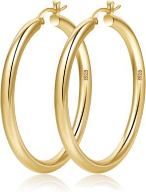 61qx4tKiRlL._AC_SL1500 4mm Thick Gold Chunky Earrings Steling Silver Post Hoops Earrings For Women Hollow Tube Hoops Earrings Thick Gold Hoop Earrings Hypoallergenic Lightweight Gold Hoop Large Earrings 20/30/40/50/60MM