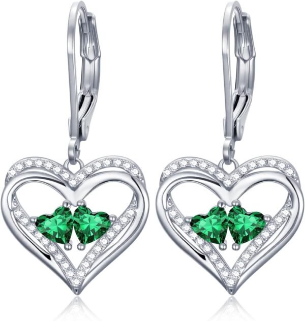 Heart Leverback Earrings Double Birthstone Dangle Earrings for Women, Love Jewelry for Her, Christmas Gifts for Women, Anniversary Birthday Gift for Mom Wife Girlfriend