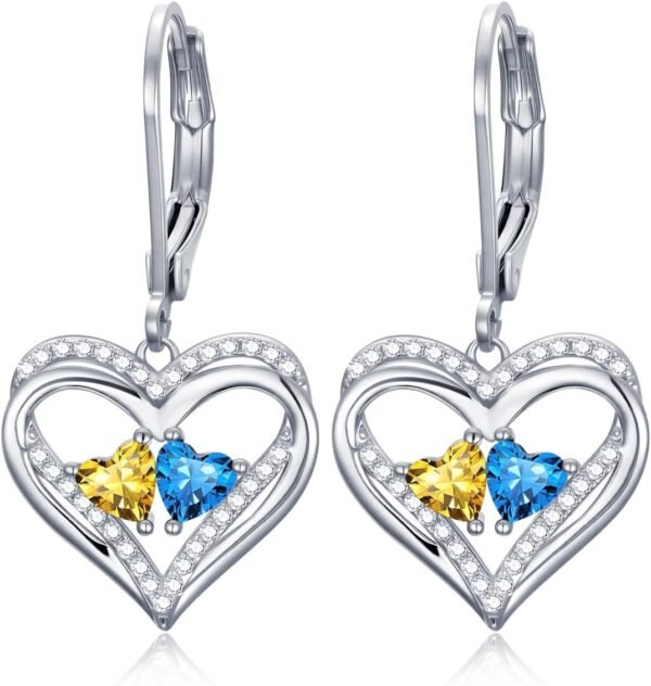Heart Leverback Earrings Double Birthstone Dangle Earrings for Women, Love Jewelry for Her, Christmas Gifts for Women, Anniversary Birthday Gift for Mom Wife Girlfriend