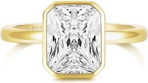 925 Sterling Silver Engagement Rings for Women Radiant Cut Cubic Zirconia Wedding Bands   Gold Plated Bezel Promise Rings for Her Size 4-10
